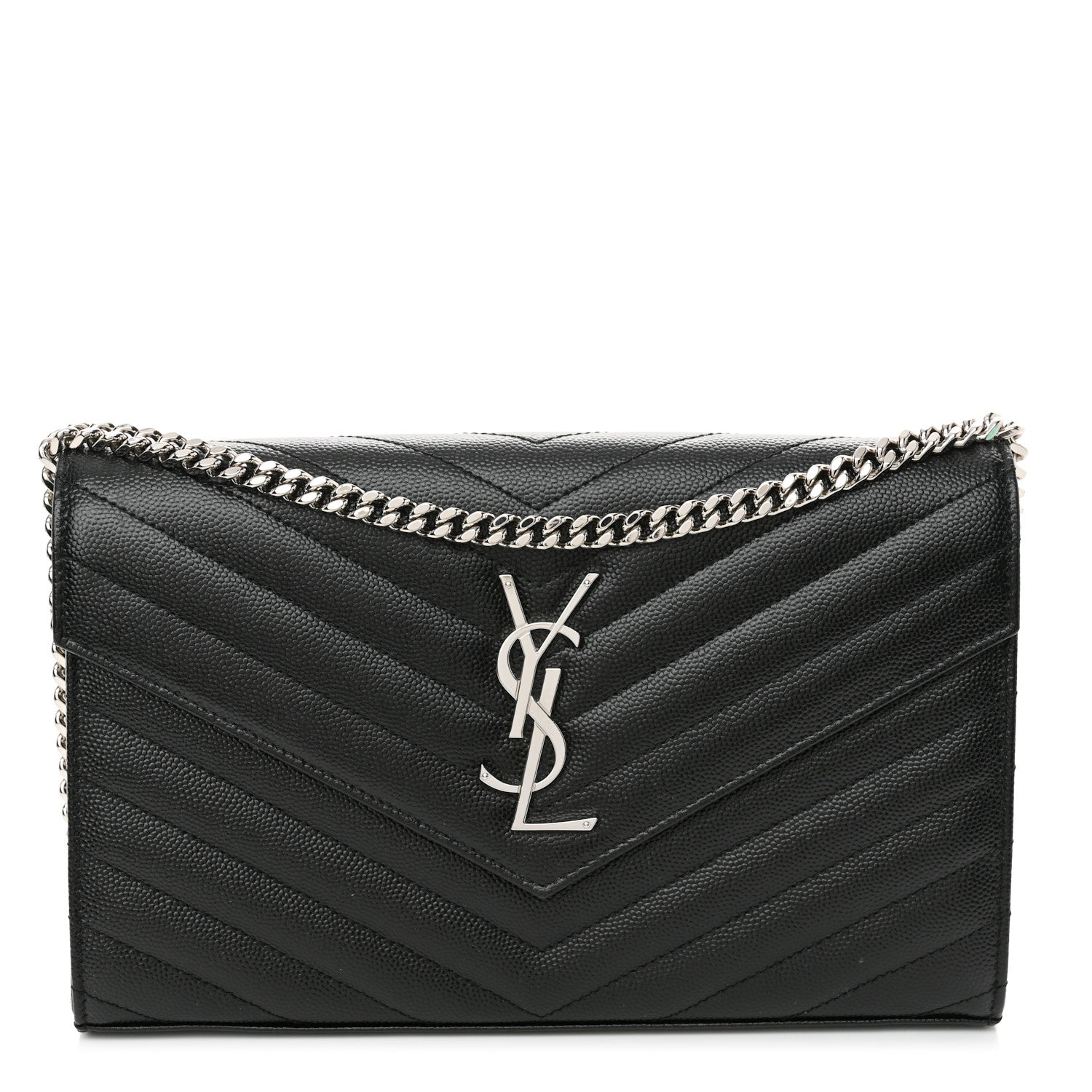 Saint Laurent Grain De Poudre Matelasse Chevron Monogram Chain Wallet Black 1 of 10