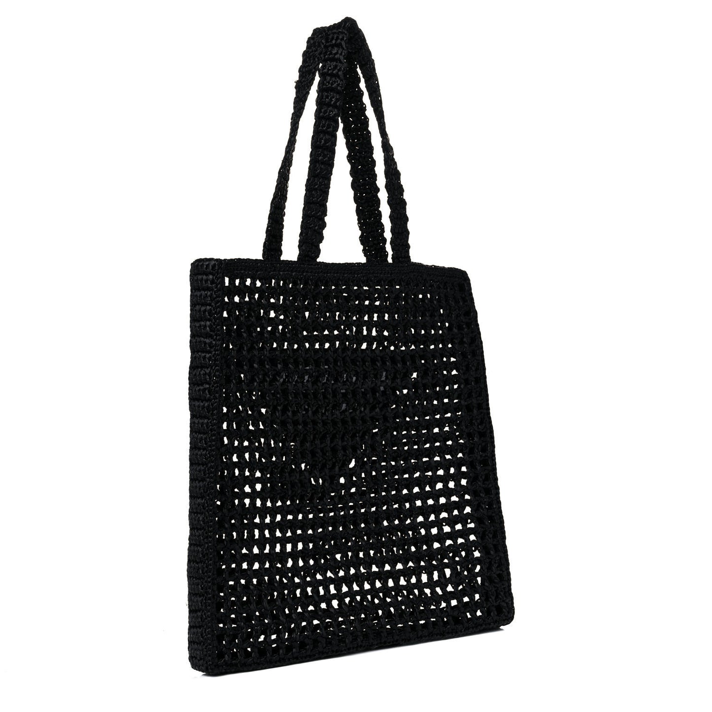 Yarn Raffia Effect Crochet Logo Embroidered Tote Bag Black