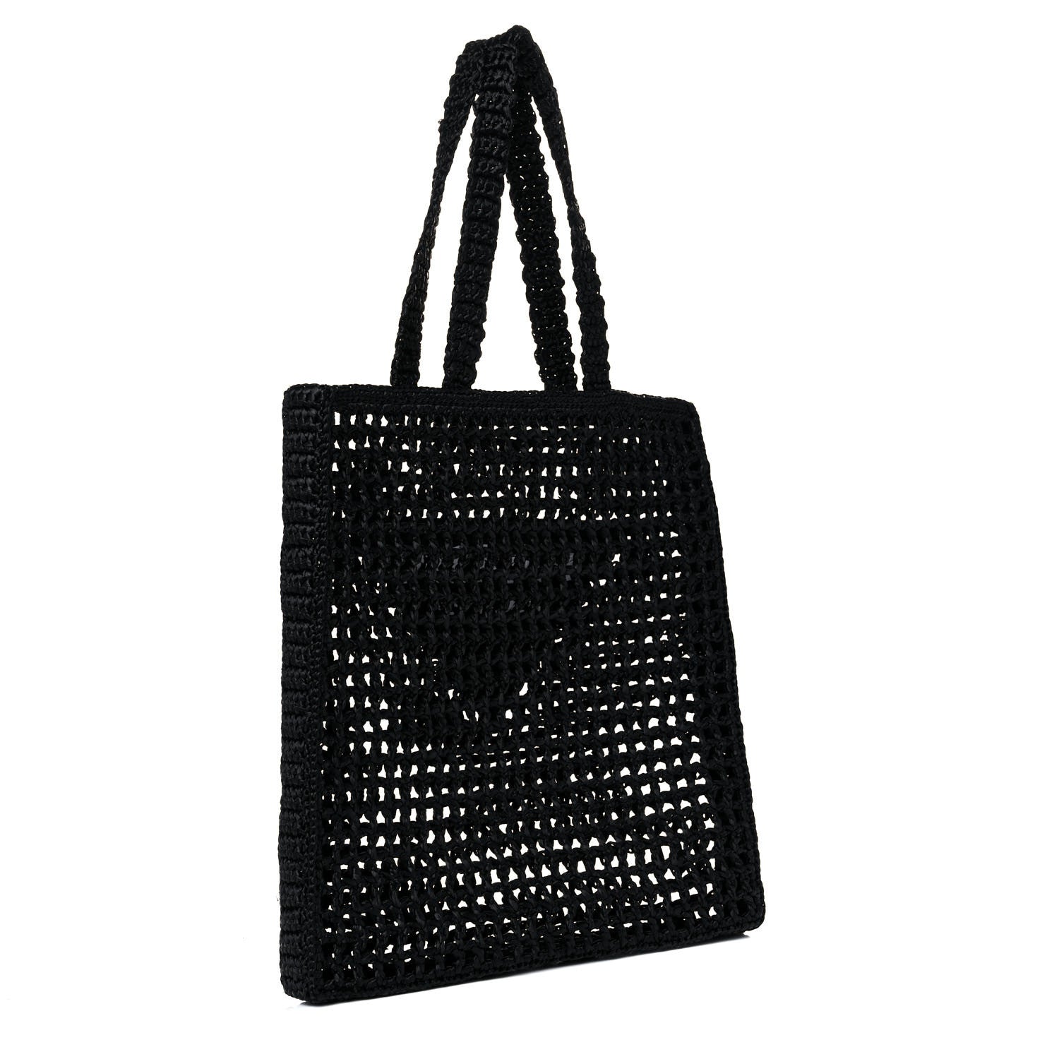 Prada Yarn Raffia Effect Crochet Logo Embroidered Tote Bag Black 3 of 8