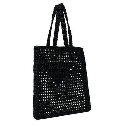 Prada Yarn Raffia Effect Crochet Logo Embroidered Tote Bag Black 3 of 8