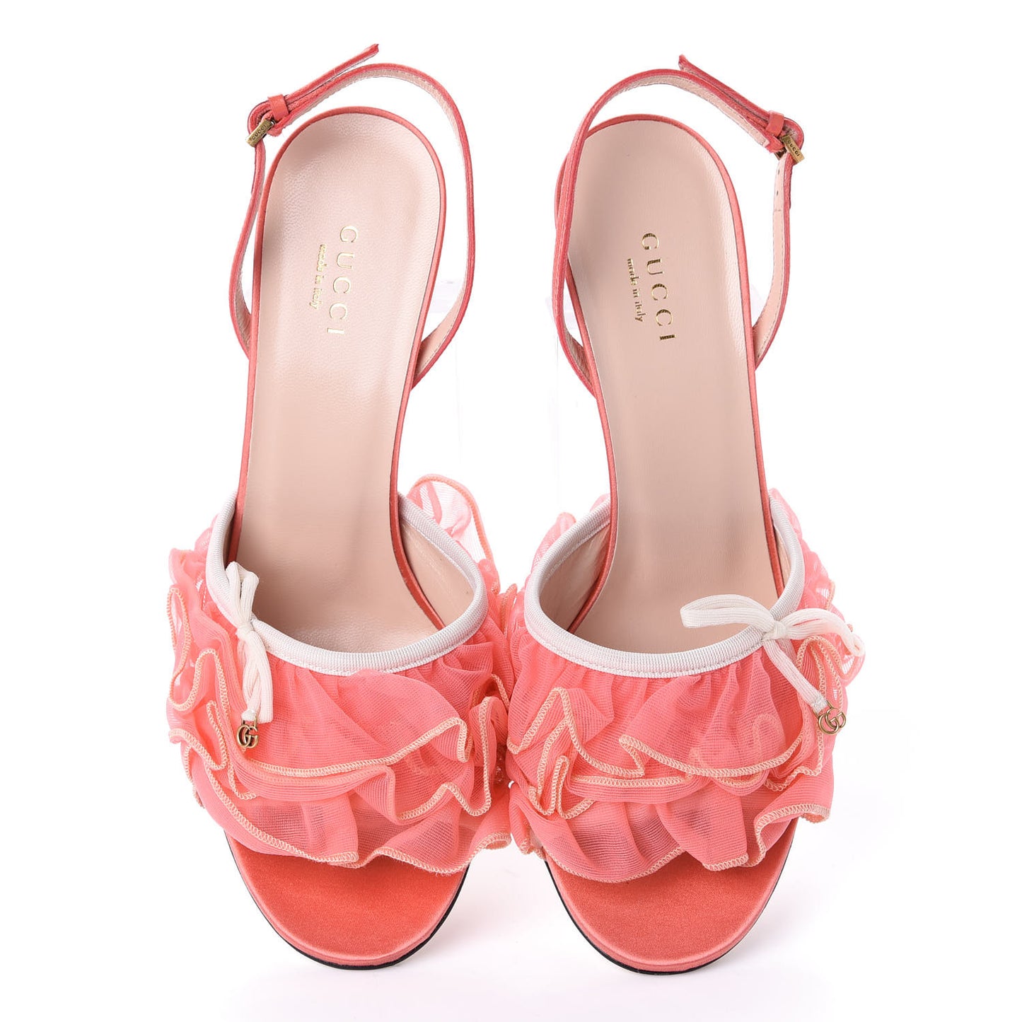 Tulle Ruffle Mid Heel Slingback Sandals 38 Peach White