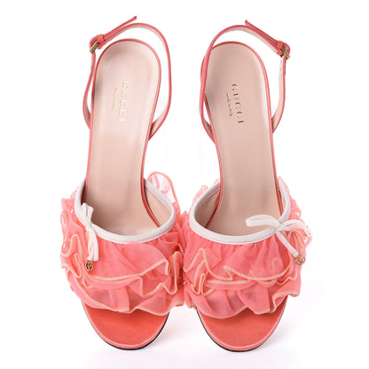 Gucci Tulle Ruffle Mid Heel Slingback Sandals 38 Peach White 4 of 14