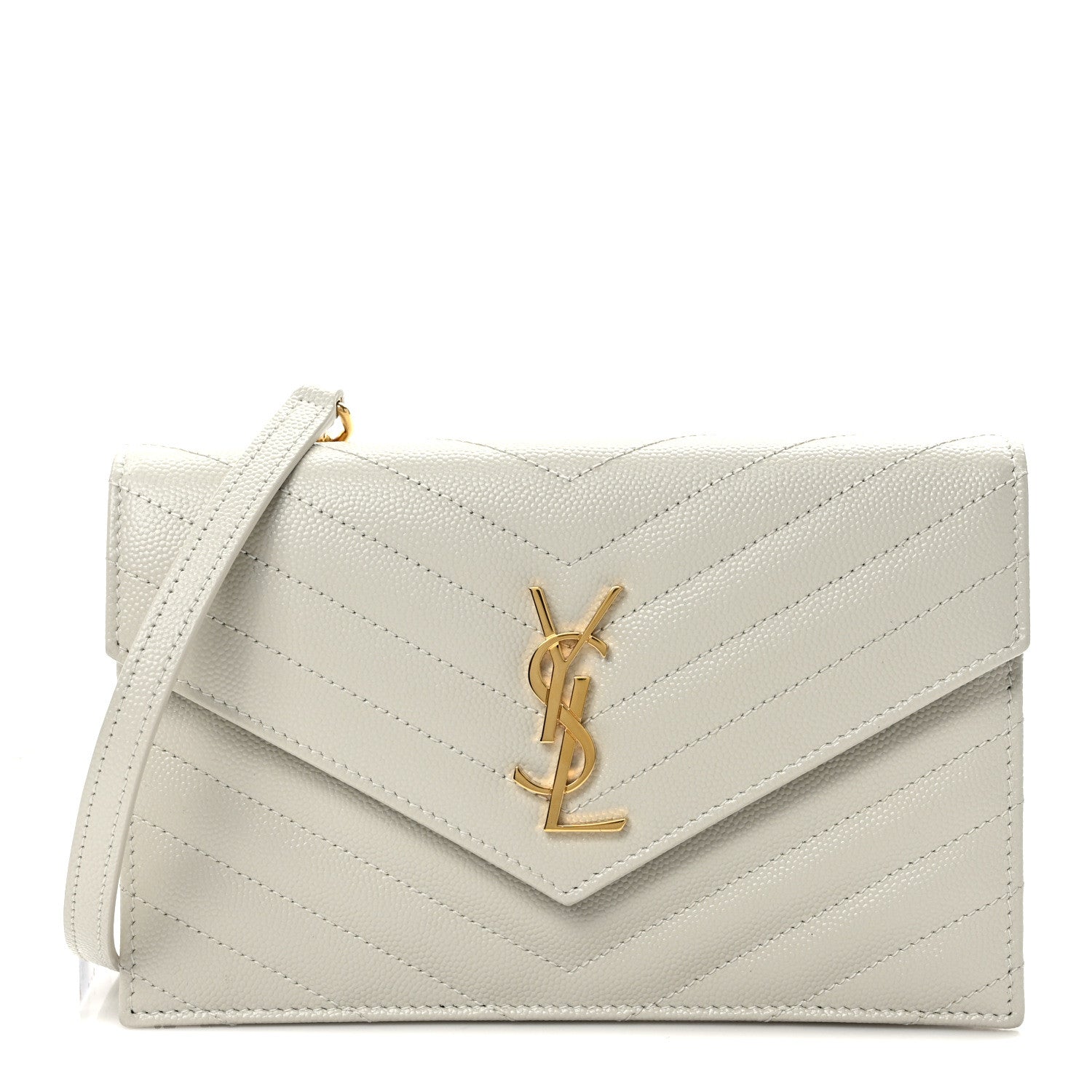 Saint Laurent Grain De Poudre Matelasse Chevron Monogram Envelope Chain Wallet Crema Soft 1 of 7