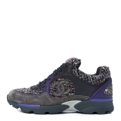 Chanel Suede Tweed Goatskin CC Sneakers 37.5 Grey Purple 1 of 8