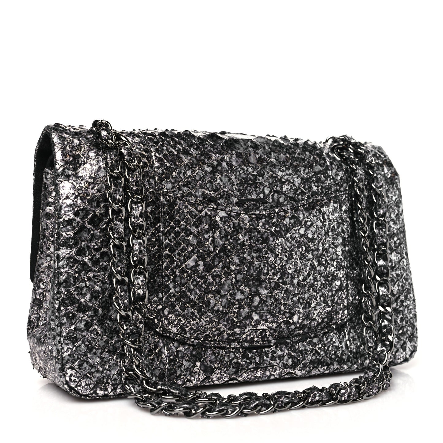 Metallic Snakeskin Medium Double Flap Black Silver
