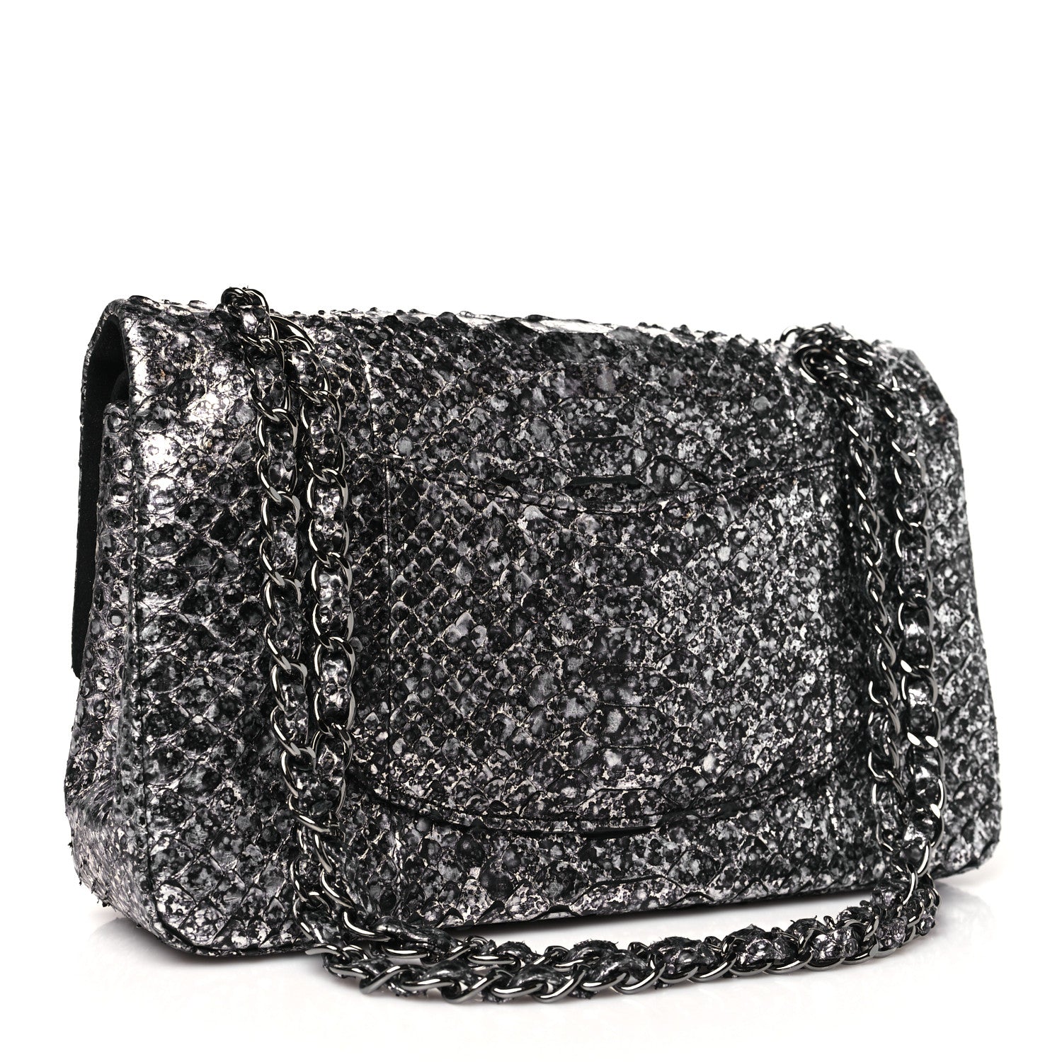 Chanel Metallic Snakeskin Medium Double Flap Black Silver 3 of 11