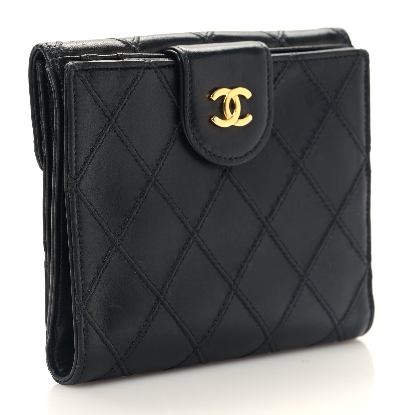 Calfskin Diamond Stitched Compact Wallet Black