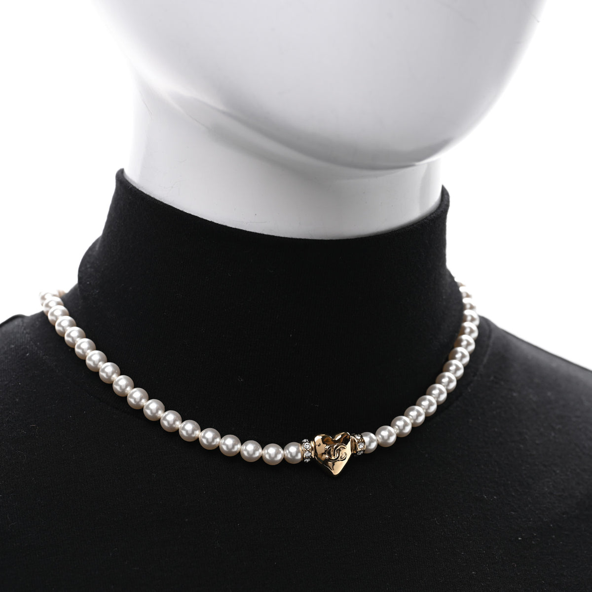 Crystal Pearl CC Heart Choker Necklace Gold