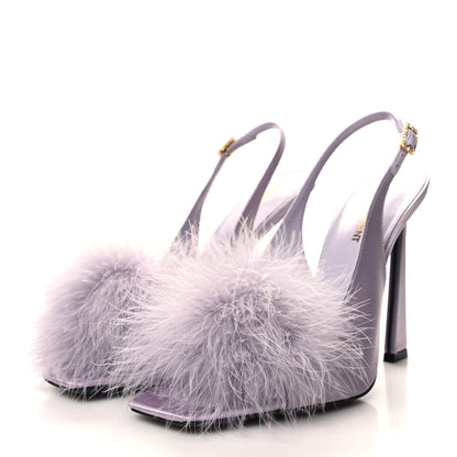 Saint Laurent Crepe Satin Mae Feathered Sandals Slight 38.5 Poly Grey 3 of 9