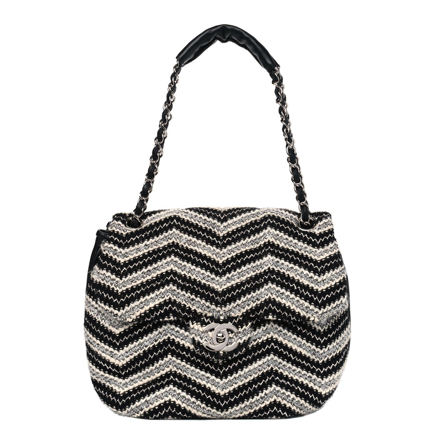 Tweed Chevron Medium Single Flap Black White