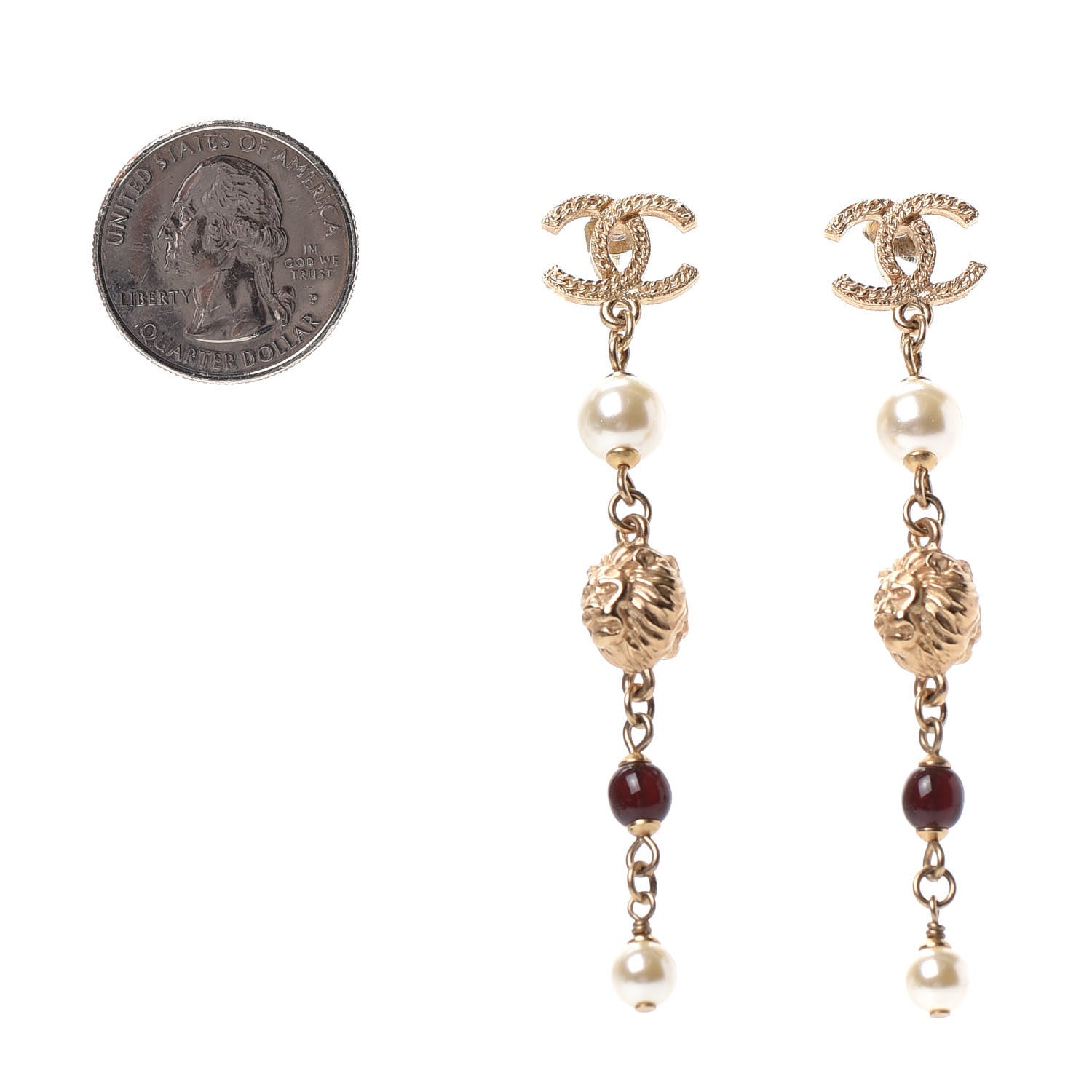 Chanel Pearl Bead CC Drop Earrings Gold Pearly White Red 2 of 3