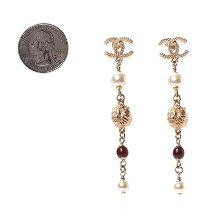 Chanel Pearl Bead CC Drop Earrings Gold Pearly White Red 2 of 3