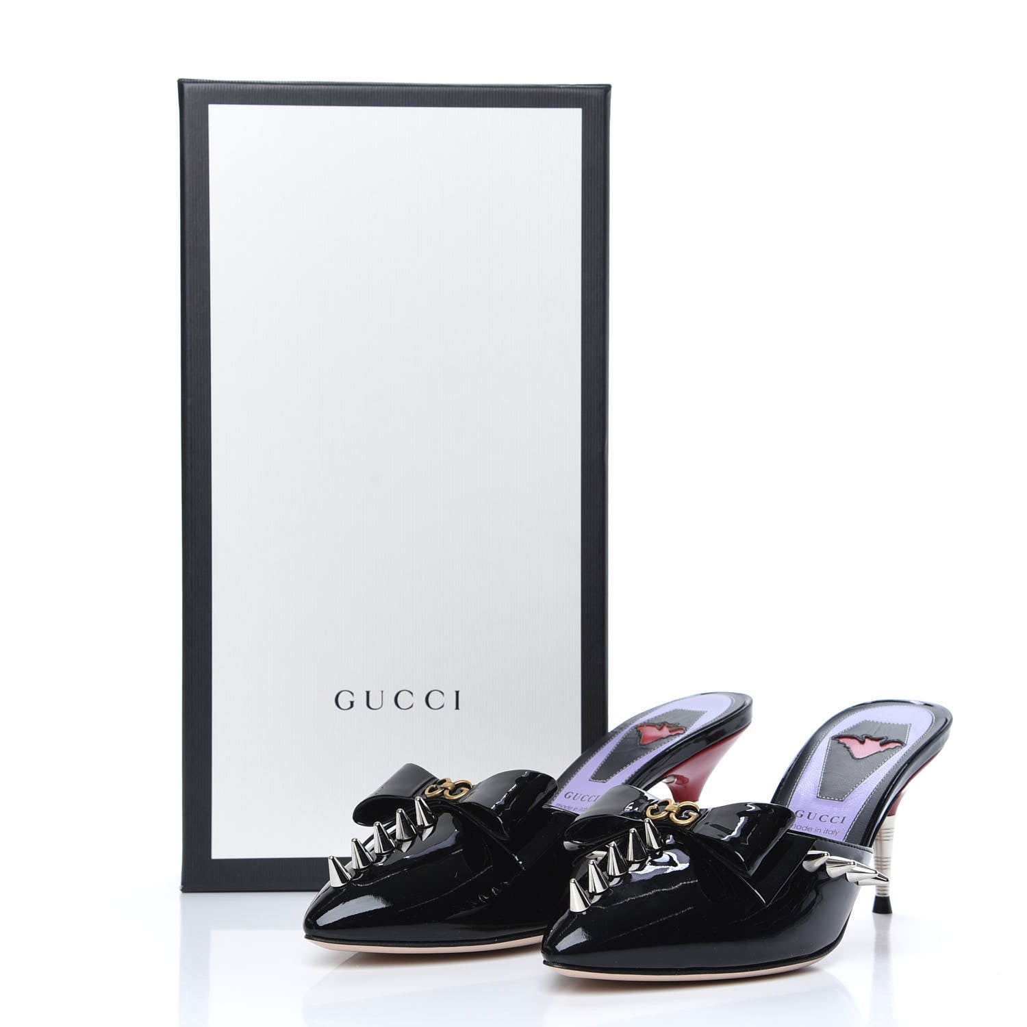 Gucci Patent GG Bow Sadie Spike Mid Heel Mules 35.5 Black 9 of 9