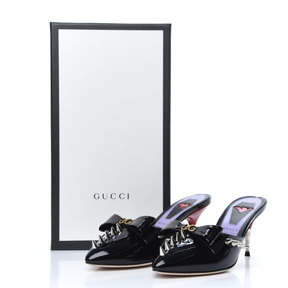 Gucci Patent GG Bow Sadie Spike Mid Heel Mules 35.5 Black 9 of 9