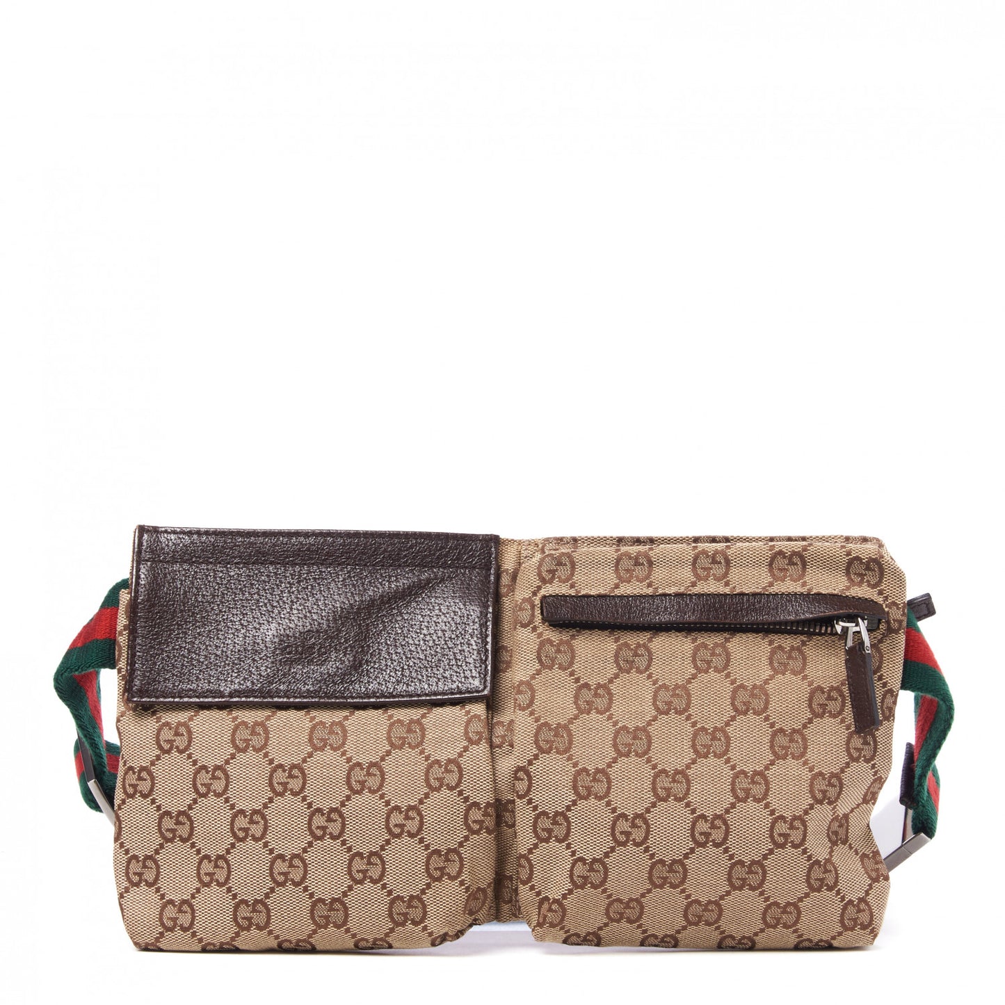 GG Monogram Web Double Pocket Belt Bag Dark Brown