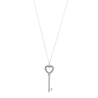 Tiffany Sterling Silver Enamel Beaded Heart Key Pendant Necklace Blue 1 of 5