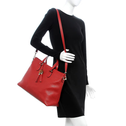 Gucci Pebbled Calfskin Convertible Bamboo Tassel Tote Red 2 of 11