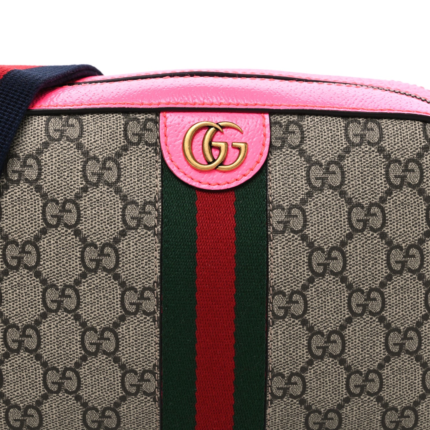 GG Supreme Monogram Textured Dollar Calfskin Web Ophidia Small Crossbody Bag Beige Ebony Fuchsia