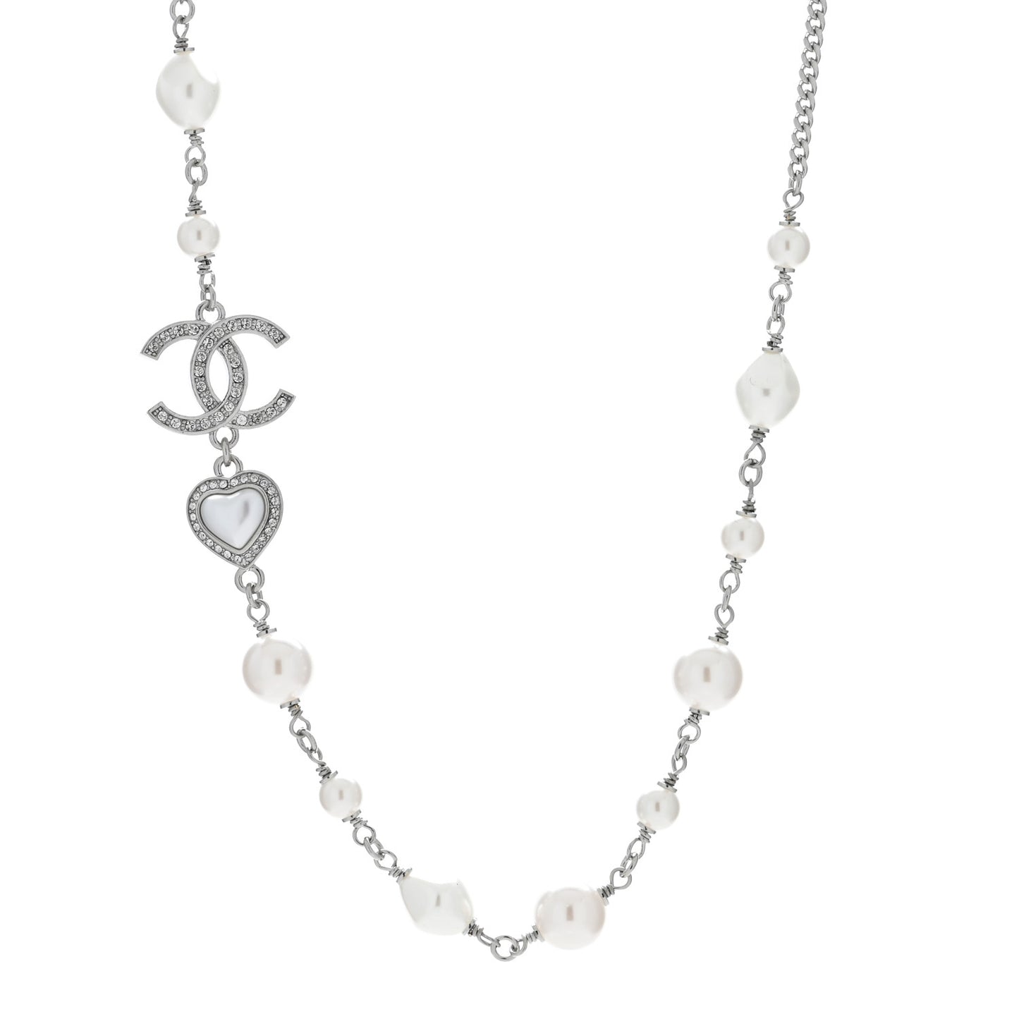 Pearl Crystal CC Heart Necklace Silver Pearly White