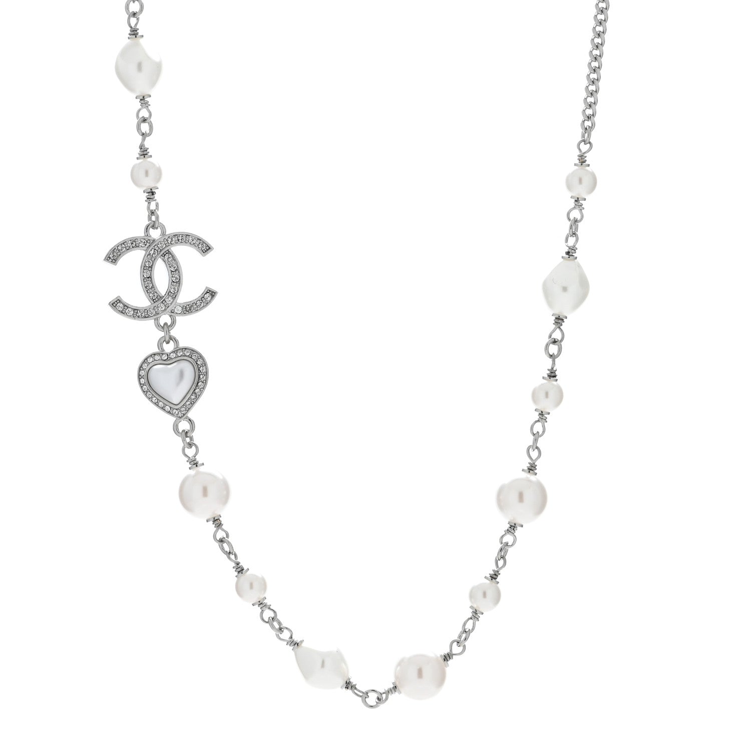 Chanel Pearl Crystal CC Heart Necklace Silver Pearly White 1 of 4