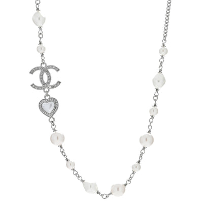 Chanel Pearl Crystal CC Heart Necklace Silver Pearly White 1 of 4