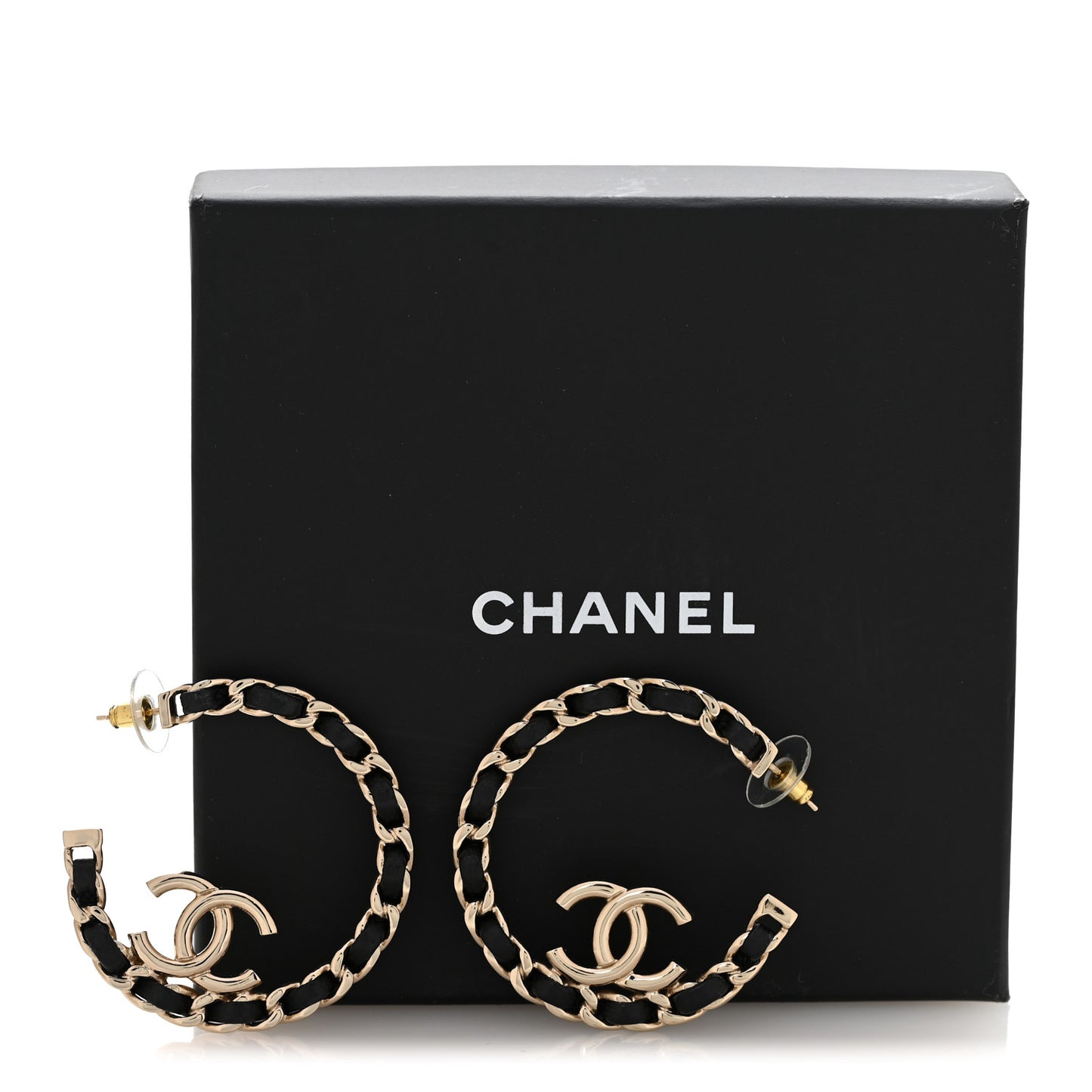 Metal Lambskin Quilted CC Chain Hoop Earrings Gold Black