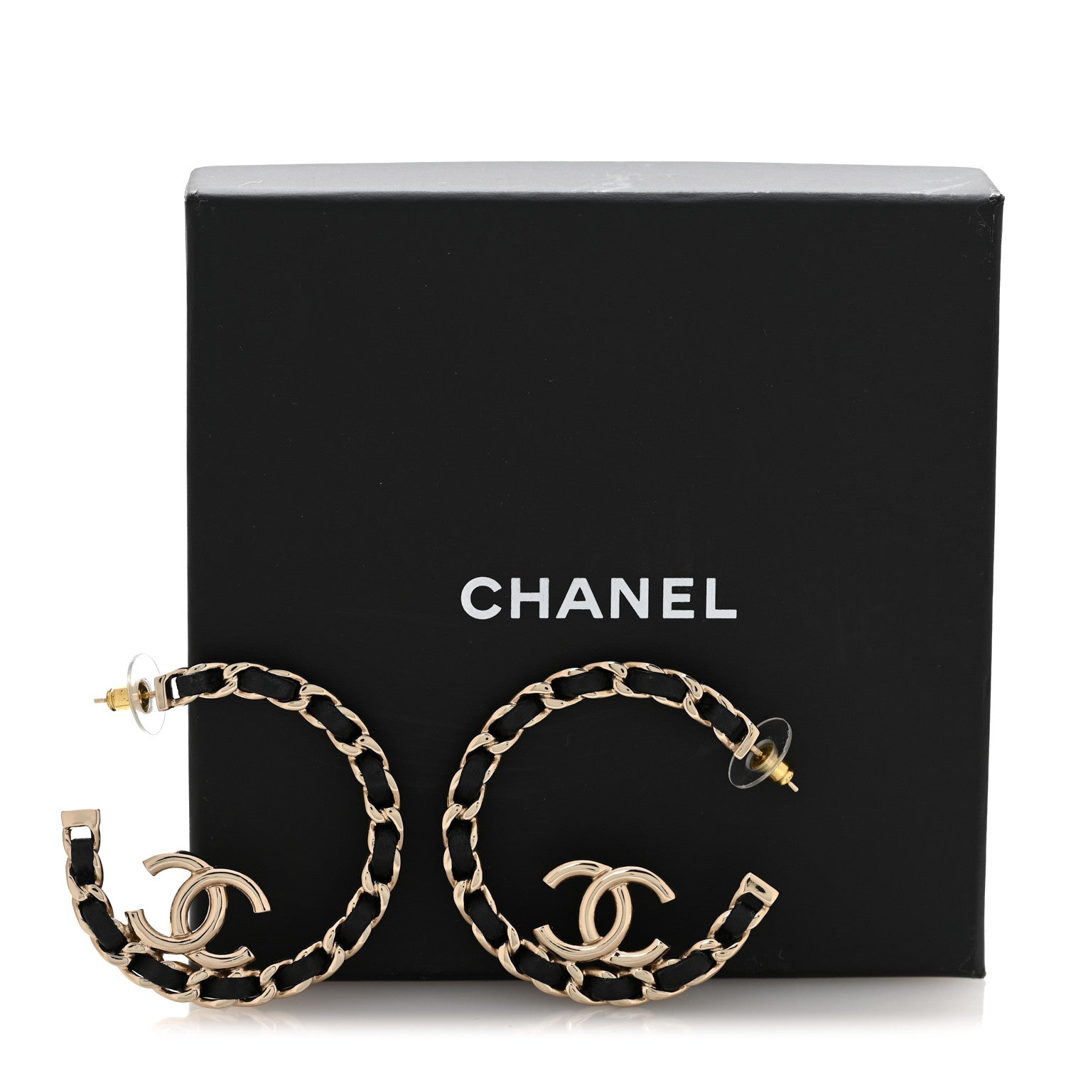 Chanel Metal Lambskin Quilted CC Chain Hoop Earrings Gold Black 6 of 6