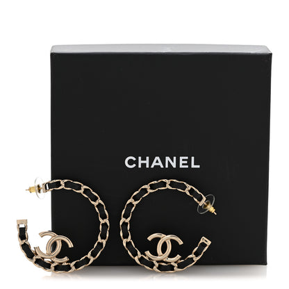 Chanel Metal Lambskin Quilted CC Chain Hoop Earrings Gold Black 6 of 6