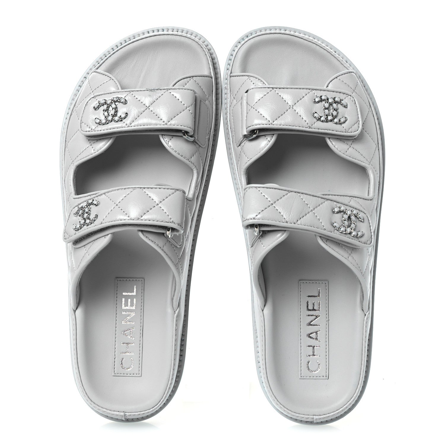 Chanel Laminated Lambskin Quilted Velcro Dad Chain CC Slide Sandals 37.5 Light Blue 2 of 10