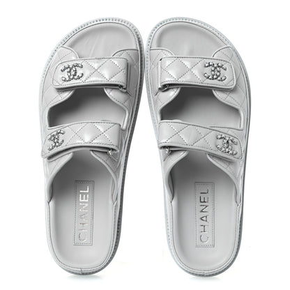 Chanel Laminated Lambskin Quilted Velcro Dad Chain CC Slide Sandals 37.5 Light Blue 2 of 10