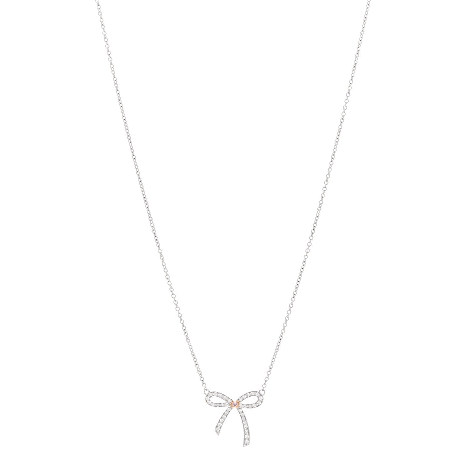 Tiffany Platinum 18K Rose Gold Pink Diamond Mini Bow Pendant Necklace 1 of 5
