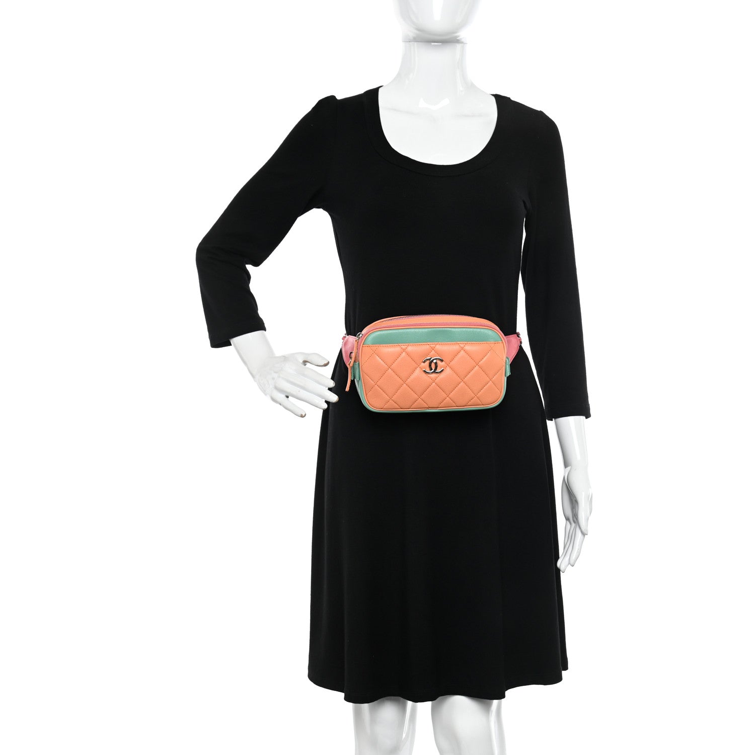 Chanel Goatskin Quilted Tri-Color In & Out Waist Bag Orange Green Pink 2 of 13