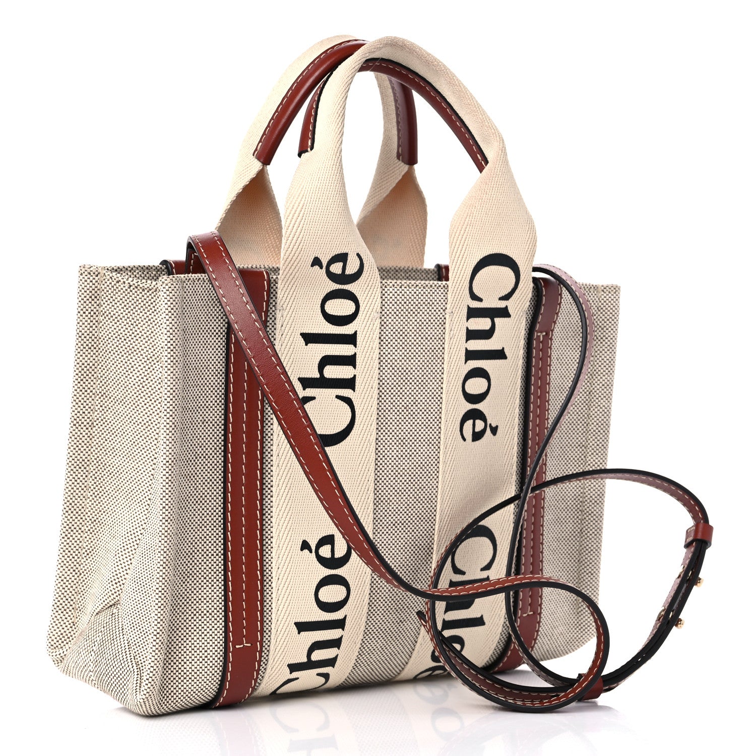 Chloe Cotton Calfskin Small Woody Ribbon Tote With Strap White Brown 3 of 8