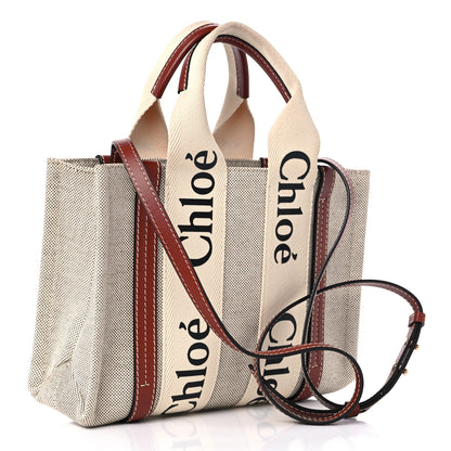 Chloe Cotton Calfskin Small Woody Ribbon Tote With Strap White Brown 3 of 8