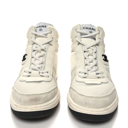 Chanel Suede Fabric Grained Calfskin Womens CC High Top Sneakers 37 White 2 of 10