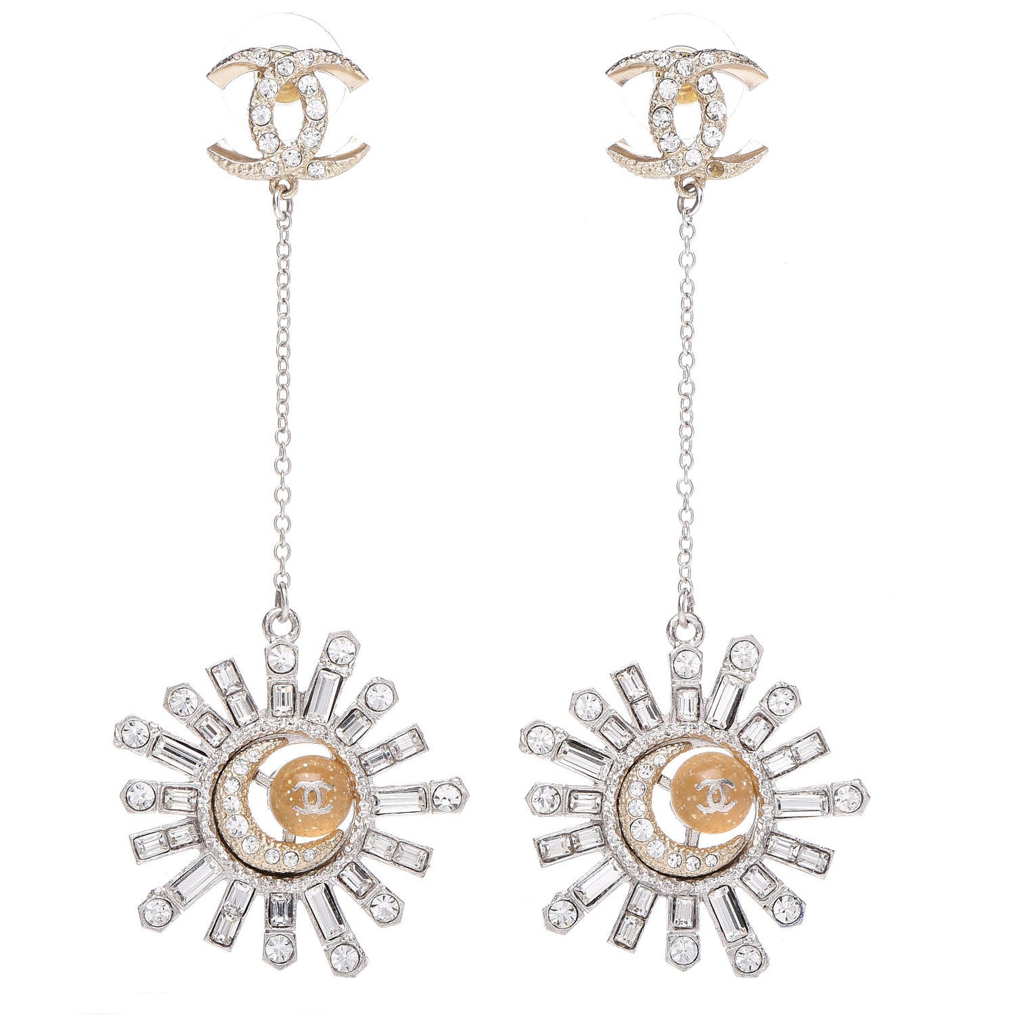 Baguette Crystal Moon CC Dangle Earrings Gold Silver