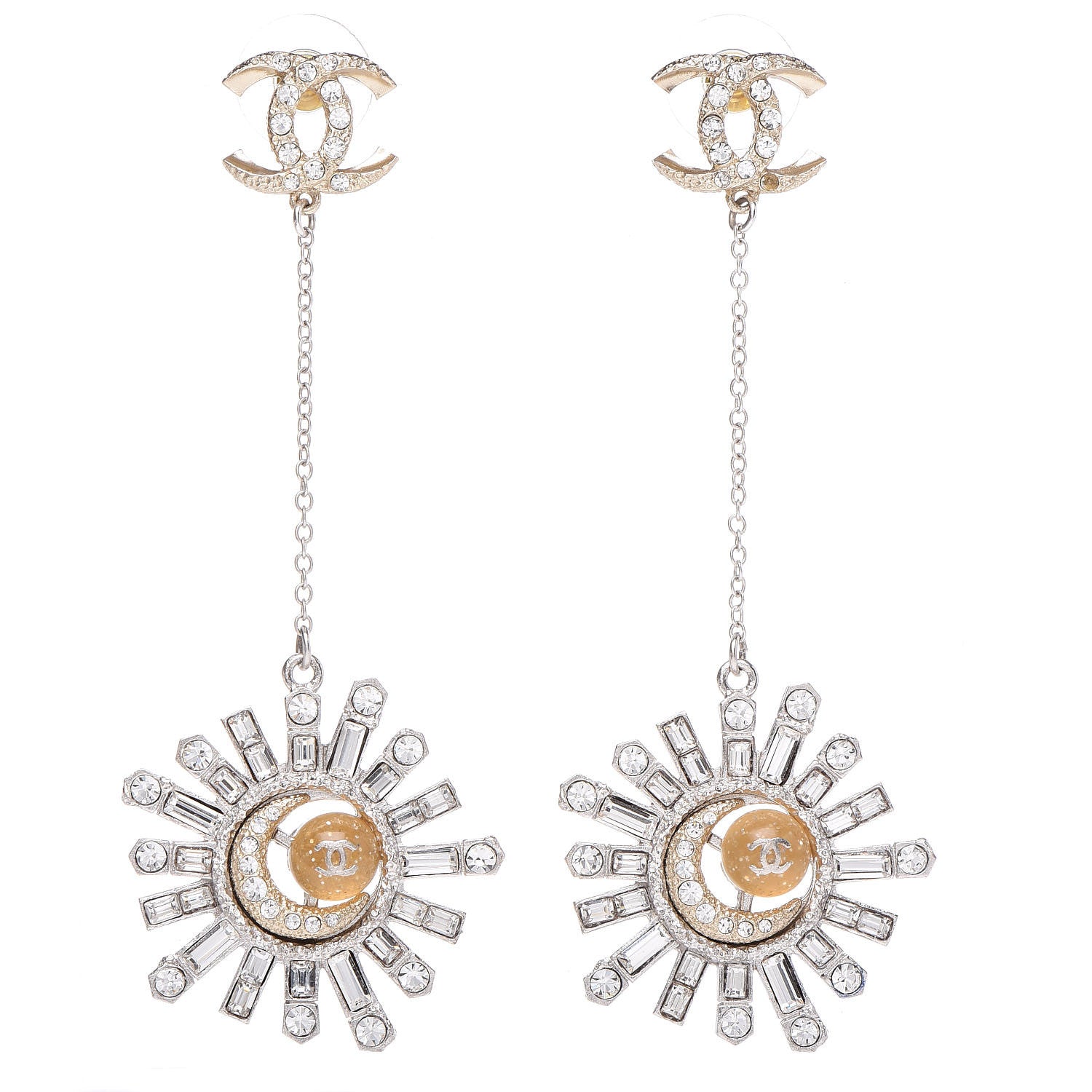 Chanel Baguette Crystal Moon CC Dangle Earrings Gold Silver 1 of 5