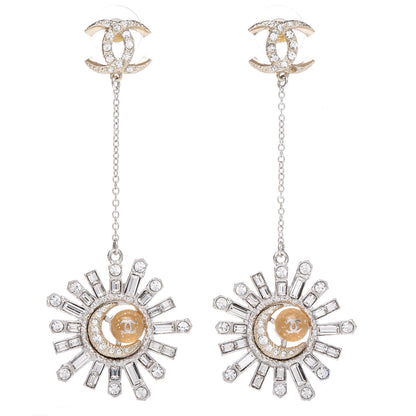 Chanel Baguette Crystal Moon CC Dangle Earrings Gold Silver 1 of 5