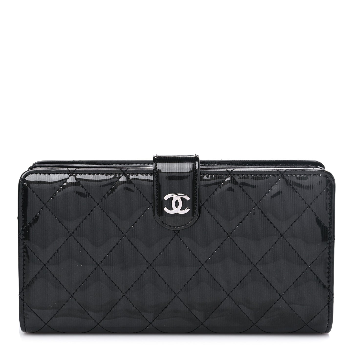 Striated Patent Quilted Zipped Pocket Long Wallet Black