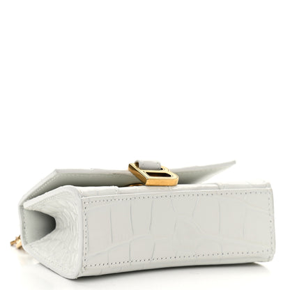 Balenciaga Shiny Calfskin Crocodile Embossed Hourglass Top Handle Bag Mini with Chain White 4 of 11