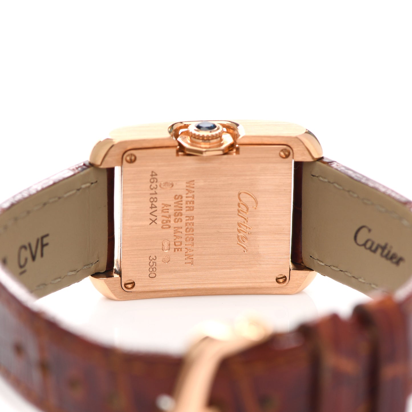 18K Pink Gold Alligator 22mm Tank Anglaise Quartz Watch Brown