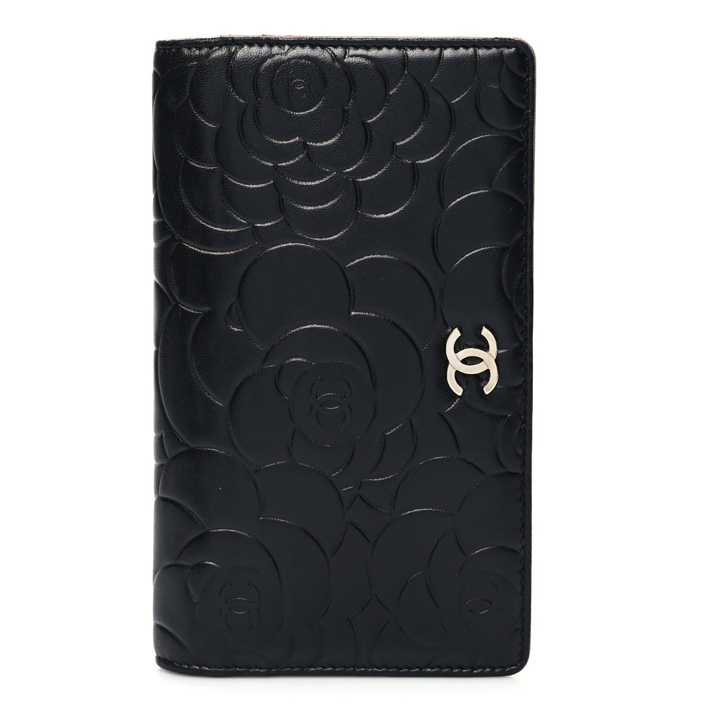 Lambskin Camellia Embossed Yen Wallet Black