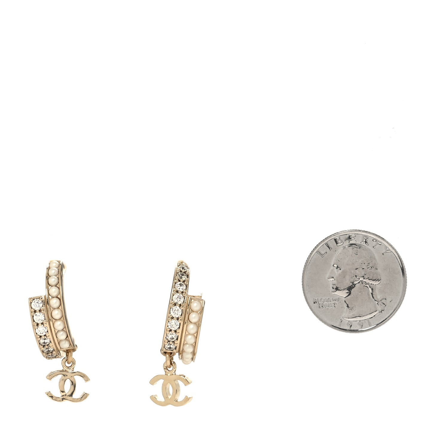 Crystal Pearl Logo Hoop CC Earrings Gold