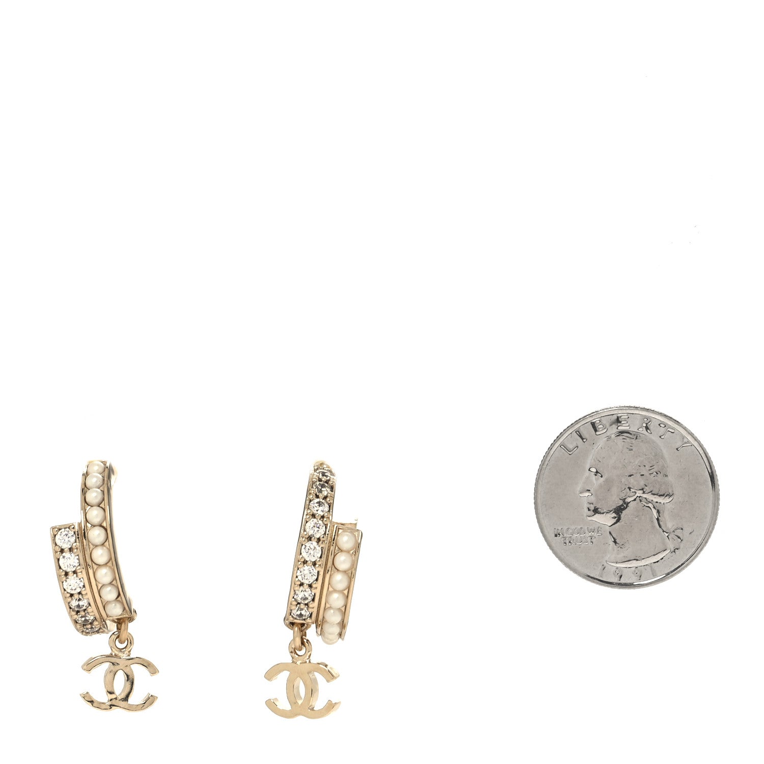 Chanel Crystal Pearl Logo Hoop CC Earrings Gold 2 of 4