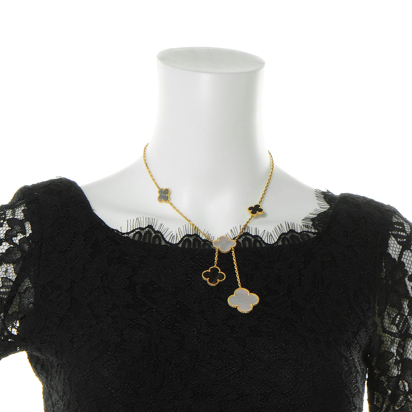 18K Yellow Gold Mother of Pearl Onyx 6 Motifs Magic Alhambra Necklace
