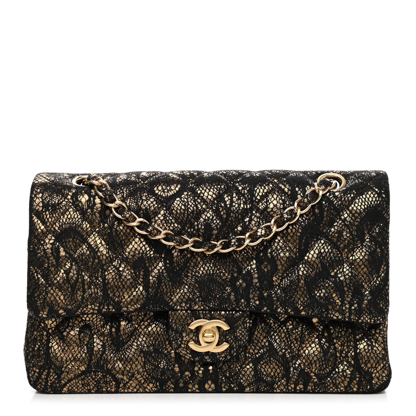 Lace Metallic Goatskin Medium Double Flap Gold