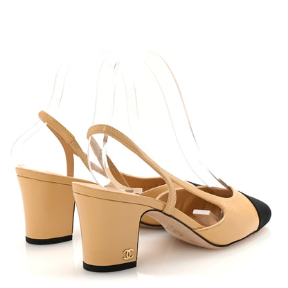 Chanel Goatskin Grosgrain Cap Toe CC Slingback Pumps 37 Beige Black 5 of 9