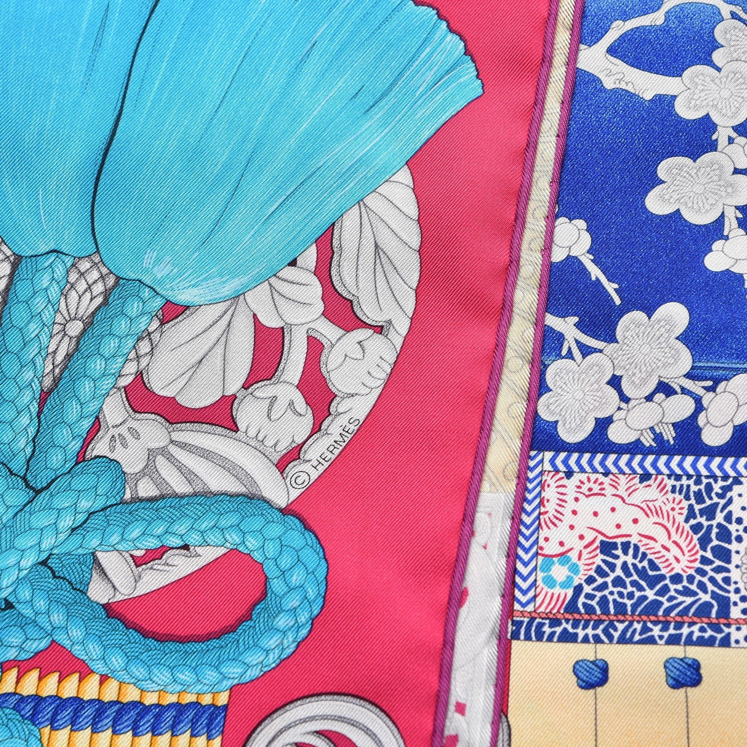 Hermes Silk Parures de Samouraïs Scarf 90 Rose Indien Vert Turquoise 5 of 5