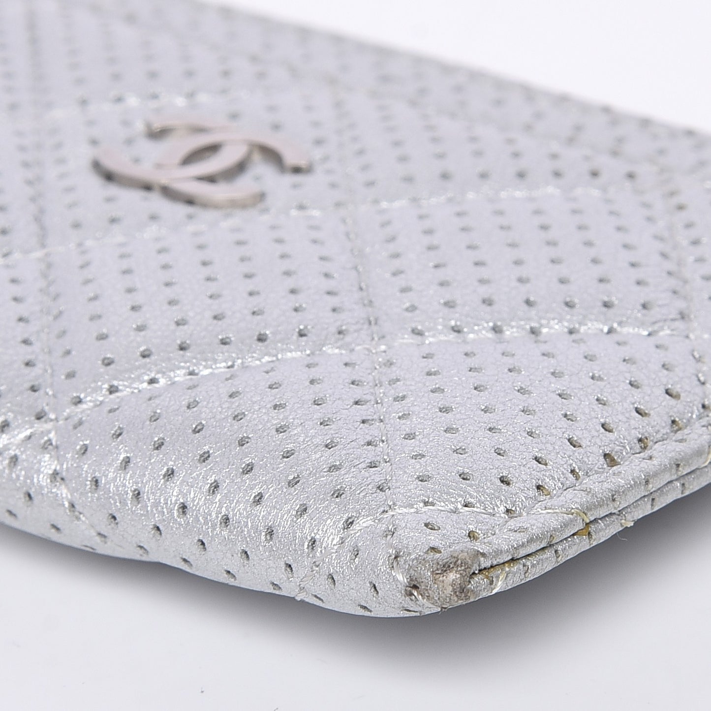 Metallic Lambskin Perforated Quilted Card Holder Silver