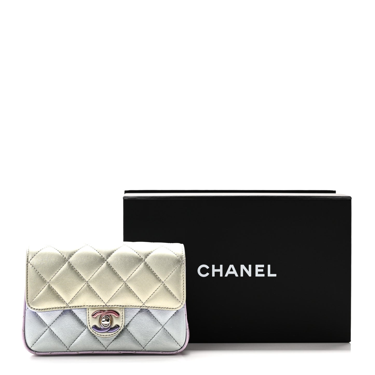 Gradient Metallic Calfskin Quilted Clutch Silver Blue Yellow Purple